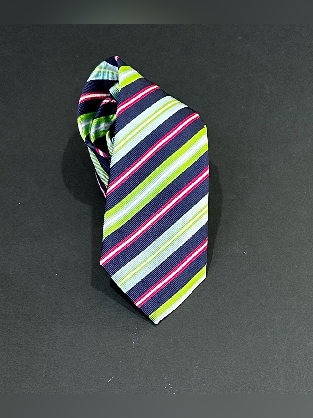 NWOT Mirto Madrid 100% Silk Striped Necktie Navy Blue, Lime Green, Pink Spain